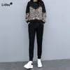 Pantalon de deux pièces pour femmes printemps automne, femelle décontractée Leopard à manches longues T-shirts 2024 Corée des vêtements de mode pantalon coréen tout-match