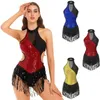 Scene Wear Womens Latin Dance Dress Sparkling paljett Bodysuit ärmlös fransad balett Leotard Ballroom Cha-Cha Tango Dancewear