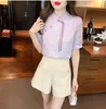 Женские блузки Wdmsna Vintage Tassel на пуговицах с коротким рукавом Blusa Mujer Summer Stand Women Women Purple Print Chefon Room для