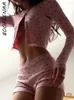 Women's Tracksuits BOOFEENAA 2 Piece Set Floral Print Lace Trim Ribbed Long Sleeve Crop Top And Shorts Lounge Wear Pink Coquette Outfits