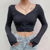 Koszulka damska w szyku w szyku z długim rękawem przycięta bawełniana guzika seksowna jesień utalebia