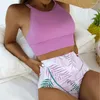 Swimwear femminile 2 pezzi/set di bikini set cinghie regolabili cinghiali di sollevamento dell'anca senza schienale cuscinetti a colore solido bikini foglie in vita alta foglie di stampa brief