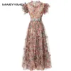 Robes de fête Maryyimei Fashion Designer Spring Summer Collins de sténose pour femmes Ruffles épisser Slim Imprimé Big Swing