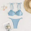 Kobiety bikini strojów kąpielowych seksowne niebo niebieskie żebrowe stroje kąpielowe mikro-tonong kobiety koronkowe kąpiel kąpiel guit biquinis 2024 Mujer