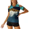 Frauen T-Shirts Frau T-Shirts bedruckte Tops Zipper V-Ausschnitt Top Fashion Grafikhemd Mountain Mountains Sky Nachtstar Blau Gold Aqua Weiß