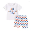 Set di abbigliamento Little Boy 4 luglio Stampa Stampa per lettere rotonde a maniche corte a maniche corte a scacchiera in giro elastico set di bambini piccoli