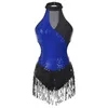 Scene Wear Womens Latin Dance Dress Sparkling paljett Bodysuit ärmlös fransad balett Leotard Ballroom Cha-Cha Tango Dancewear