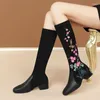 Stivali phoentin etnic floreale ricamato al ginocchio elegante donna elegante vera pelle di cuoio lungo tacchi a metà tono di punta quadrata ft1311 ft1311