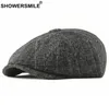 Douche Tweed Newsboy Cap Men Wool Herringband Flat Cap Winter Grijs Grijs gestreepte mannelijke Britse stijl Gatsby Hat Verstelbaar200438597189999