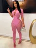 Club Outfits Streetwear Jumpsuits for Women Short Sleeve BodyCon Rompers Jumpsuit Skinny Pink Mesh See Även om ett stycke overaller 240424