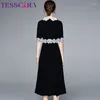 Sukienki imprezowe Tesscara Kobiety Summer Elegancka czarna sukienka Festa Wysokiej jakości długa szata biurowa femme vintage koronkowe projektant a-line vestidos