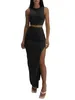 Skirts Women Casual 2 Piece Set Summer Crew Neck Sleeveless Tank Tops Wrapped Hip High Slit Long Streetwear