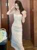 Robes de fête 2024 Robe française de style élégant pour femmes Sheer Mesh Lace Brodery Bubble Sleeves Long Robe Femme Banquet Vestidos Mujer