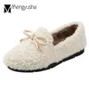 Casual schoenen vrouw boog-knoop lambswool flats fleeces loafers 34-40 slip op warme pluche winter vrouwelijk koud bewijs wollen bont mocassins 2024