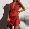 Robes décontractées Femme V couche de coton robe en lin 2024 Summer sans manches mini-ventage couleur solide