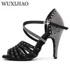 Chaussures de danse wuxijiao bronze noir satin latin dames salsa strass de bal talon 5cm-10cm