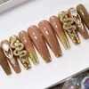 24Pcs Long Coffin False Nails with Glue Wearable Brown Fake Rhinestones Ballet Press on Full Cover Nail Tips 240419