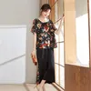 Women's Two Piece Pants Flower Print T-shirt Ruffle Sleeves Top Wide Leg Trousers Set For Women Wear Outfit With Patchwork Design Loose