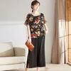 Women's Two Piece Pants Flower Print T-shirt Ruffle Sleeves Top Wide Leg Trousers Set For Women Wear Outfit With Patchwork Design Loose