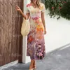 ファッション女性のためのエレガントなドレスプリントVネックロングドレス半袖スリットスカート夏ホリデーウーマンプルオーバー240420