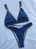 Dames badmode denim blauw zwempak vrouwen 2024 hoge taille 2-delige bikini sexy driehoek cup v-neck jarress backless badpak lg115