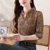 Blusas femininas camisa estampada floral retrô casual halva manga lótus colarinho folha feminina de melhor primavera no verão pullovers blouse