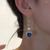 Kolczyki Dangle Korean Blue Heart w kształcie cyrkonu długi drut nauszny frędzl