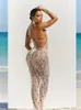 Casual Women Long Knitted Dresses Halter Backless Crocheted Dress Solid Pattern Beach Crochet Cover Ups