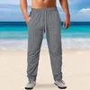 Mens Cotton Linen Trousers Design Vertical Stripes Breathable Pants Casual Baggy Elastic Waist Straight Leg Sweatpants 240429