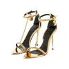 Kleiderschuhe Gold Schlosskettenriemen Sandalen speicherte Zehen Stiletto High Heels Sexy Party für Frauen Sandalias Mujer Verano