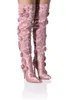 Stivali 2024 Crystal Spring Donne sottili tacchi alti sopra il ginocchio Colori di champagne Colori di seta punta punta a lungo