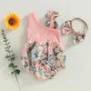 Rompers sommar baby flicka sweety outfits blommig en axel romper stretch pannband söta lapptäcke bodysuits playsuits kläder