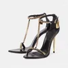 Dress Shoes Gold Lock Chain Strap Sandals Pointed Toe Stiletto High Heels Sexy Party For Women Sandalias Mujer Verano