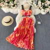 New Summer Beach Vacation Women Two Piece Dress Sets Sexy Strapless Fashion Dots Print Short Chiffon Shirt And High Waist Mermaid Long Skirt Set