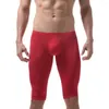 Calzoncillos hombres ropa interior leggings de seda la elasticidad apretada bolsa translúcida de forma sexy entrenamiento deportivo delgado pantalones boxeadores largos