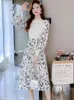 Casual Dresses White Knitted Patchwork Floral Sweater Dress For Ladies Autumn Winter Elegant Home 2024 Korean Fashion Bodycon Robe