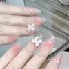 Tiktok Popular Handmade Press on Nails mignon mignon rose rose doux Cherry court trapézoïdal coeur coeur perlé bowknot jeune fille étudiante