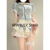Arbeitskleider Sommer lolita kawaii zweiteils set japanischer Frauen süßer Kuchenrock weibliche koreanische süße Puffärmel Blusen Blauer Mini -Anzug