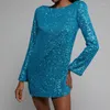 Robes décontractées Fomes Fashion Shiny Sequins Mini robe élégante lâche raide O-cou à manches longues Prom Sexy Party Club Club Vestidos