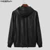 Incerun Men Sweatshirts Solid Color Pu Leather Hooded Long Sleeve Fashion Casual Hoodies Streetwear Punk Pullover S-5XL 240426