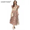 Robes de fête Maryyimei Fashion Designer Spring Summer Collins de sténose pour femmes Ruffles épisser Slim Imprimé Big Swing