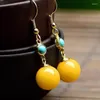 Boucles d'oreilles en peluche enracinées turquoise jaune de cire d'abeilles longues de style chinois