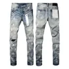 Calça feminina jeans de marca roxa roca com buracos de pintura de rua e azul solo de moda branca reparo baixo denim skinny
