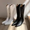 Boots Retro Western Cowboy Knee High Long Point Toe Chaussures en cuir femelle Botas Mujer coudre les dames talons