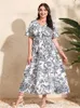 Plus size jurken wmstar dames jurk mode zomer elegant wit schilderij bloem v nek korte mouw casual vrouwelijk strand lang