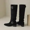 Boots Aucegi Arrivée Chunky Talon Knee High Small Square Toe Flock Femme Femme Automne Boucle d'hiver Slip sur piste Party Shoes Lady