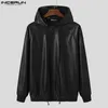 Incerun Men Sweatshirts Solid Color Pu Leather Hooded Long Sleeve Fashion Casual Hoodies Streetwear Punk Pullover S-5XL 240426