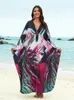 Print causal V Cou cou 2024 Spring été à manches longues Loose Kaftan Women Vêtements Plus taille Place Wear Robes Maxi Q1588 240422