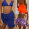 Kvinnor baddräkt bikini cover-ups kjol sommar fast färg strand wrap badkläder kvinnliga ruffles trim spets upp sarong omslag