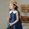 Kız elbiseler bebek gündelik elbise kolsuz mavi beyaz çizgili yaz elbiseleri lacivert ince nefes alabilen çocuk kıyafetleri çocuk kostüm 3-8y